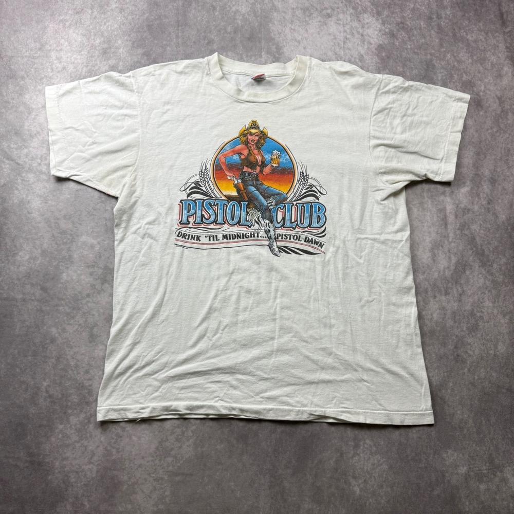 Vintage 90s Pistol Club Cowgirl Graphic T-Shirt XL White Single Stitch USA Made
